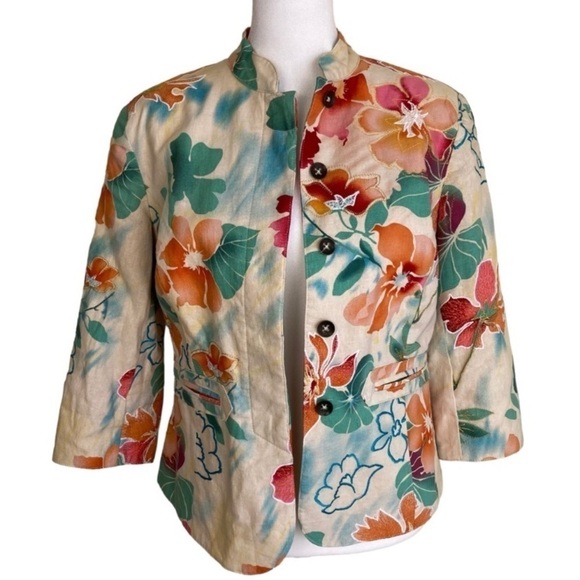 Coldwater Creek Colorful Floral Embroidered Linen Blend Boho Blazer Jacket Sz 8P - Picture 7 of 16